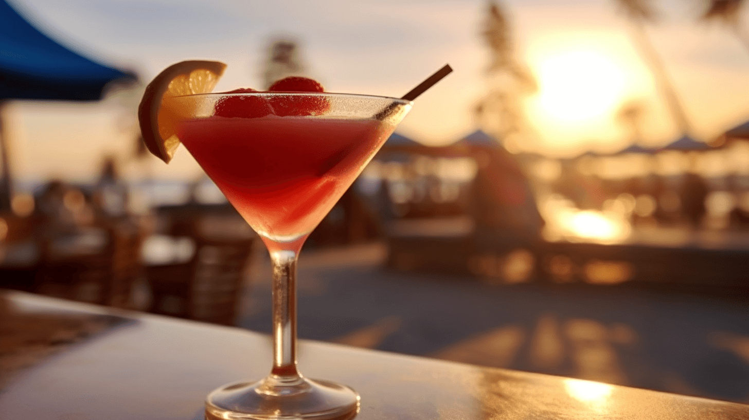 Bild zeigt einen Keglevich Erdbeer-Daiquiri mit Erdbeer- und Orangengarnitur auf einem Holztisch vor einer malerischen Landschaft.